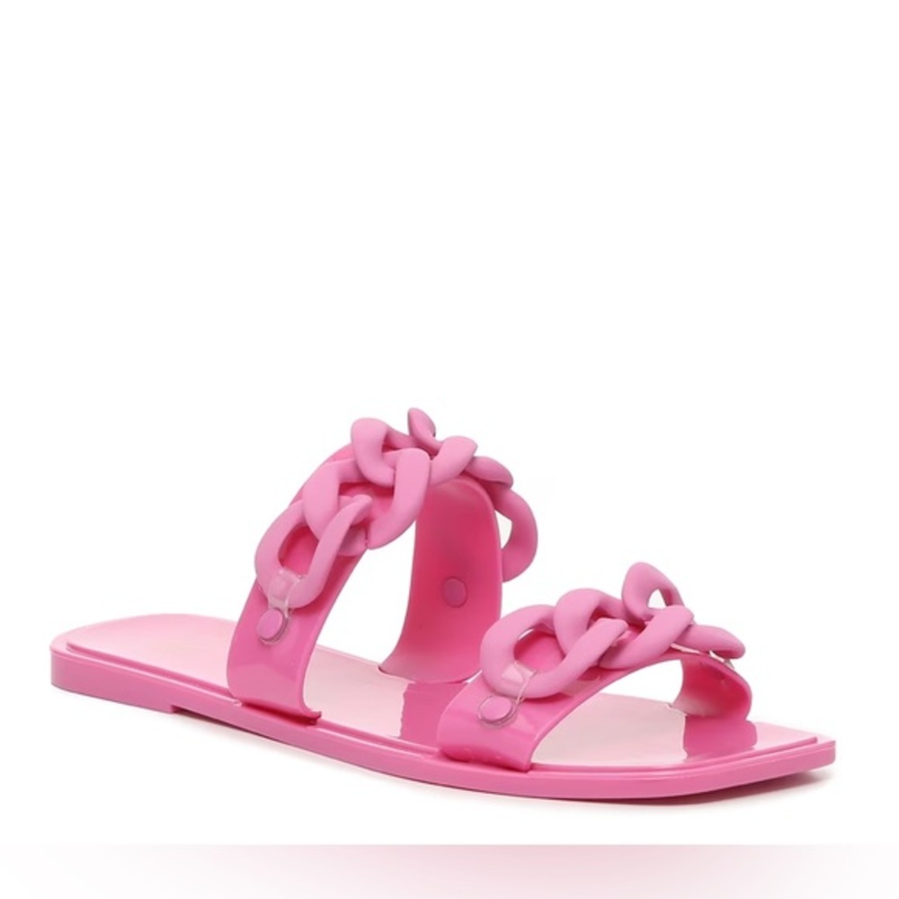 JLO pink jelly slide sandals with chain detail